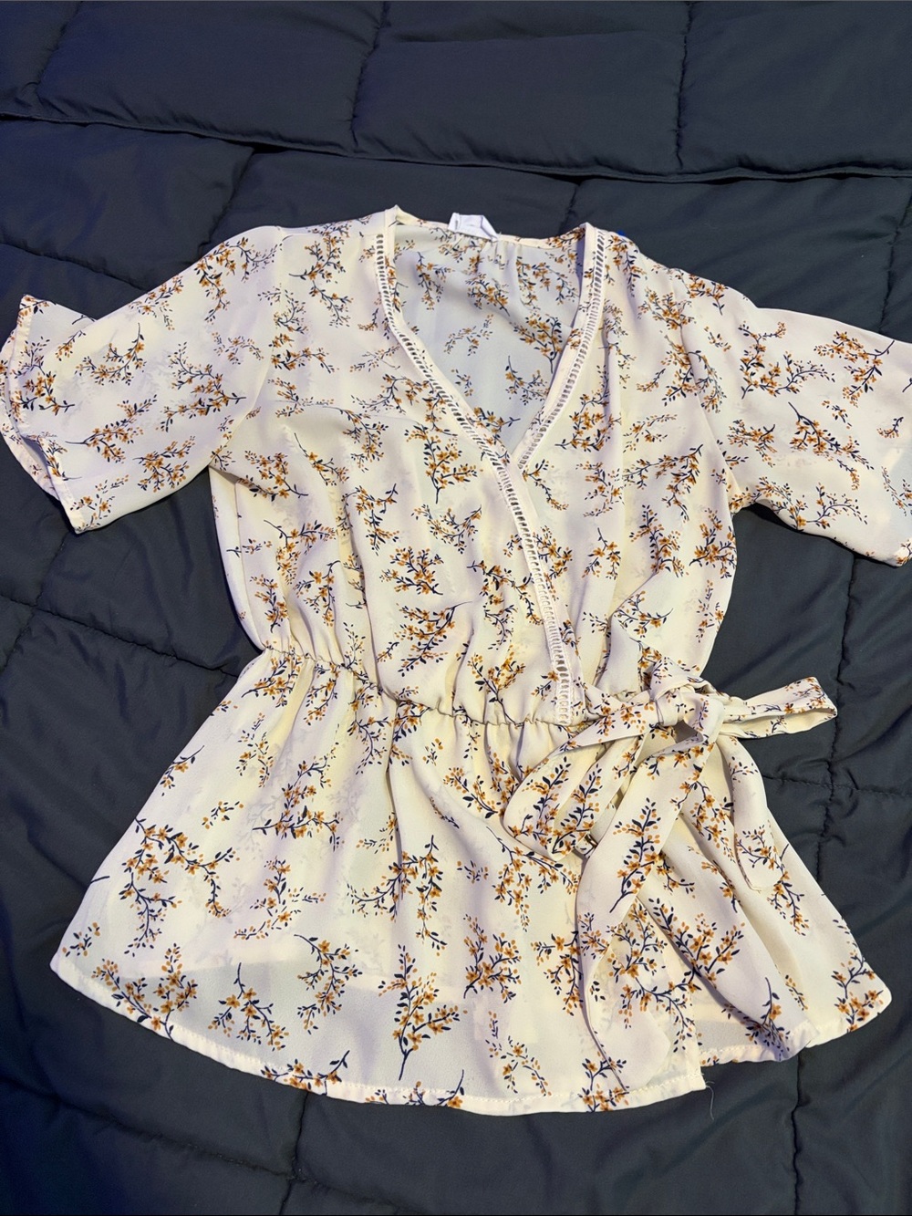 Sienna Sky Cream Floral Wrap-Style Blouse with Yellow Accents